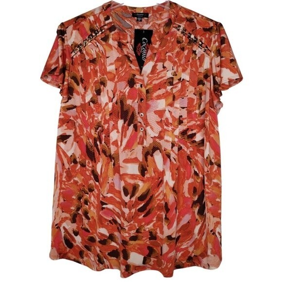 Tops - Cocomo Women's Plus Size 2X Orange Multicolor Pintuck Short Flutter Sleeve Top
